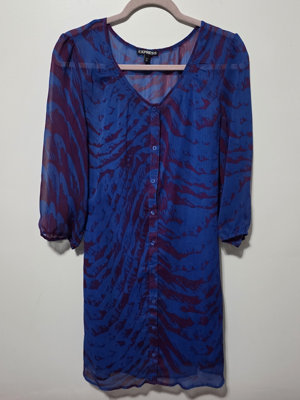 Express Blue & Purple Sheer Button-Front Dress
